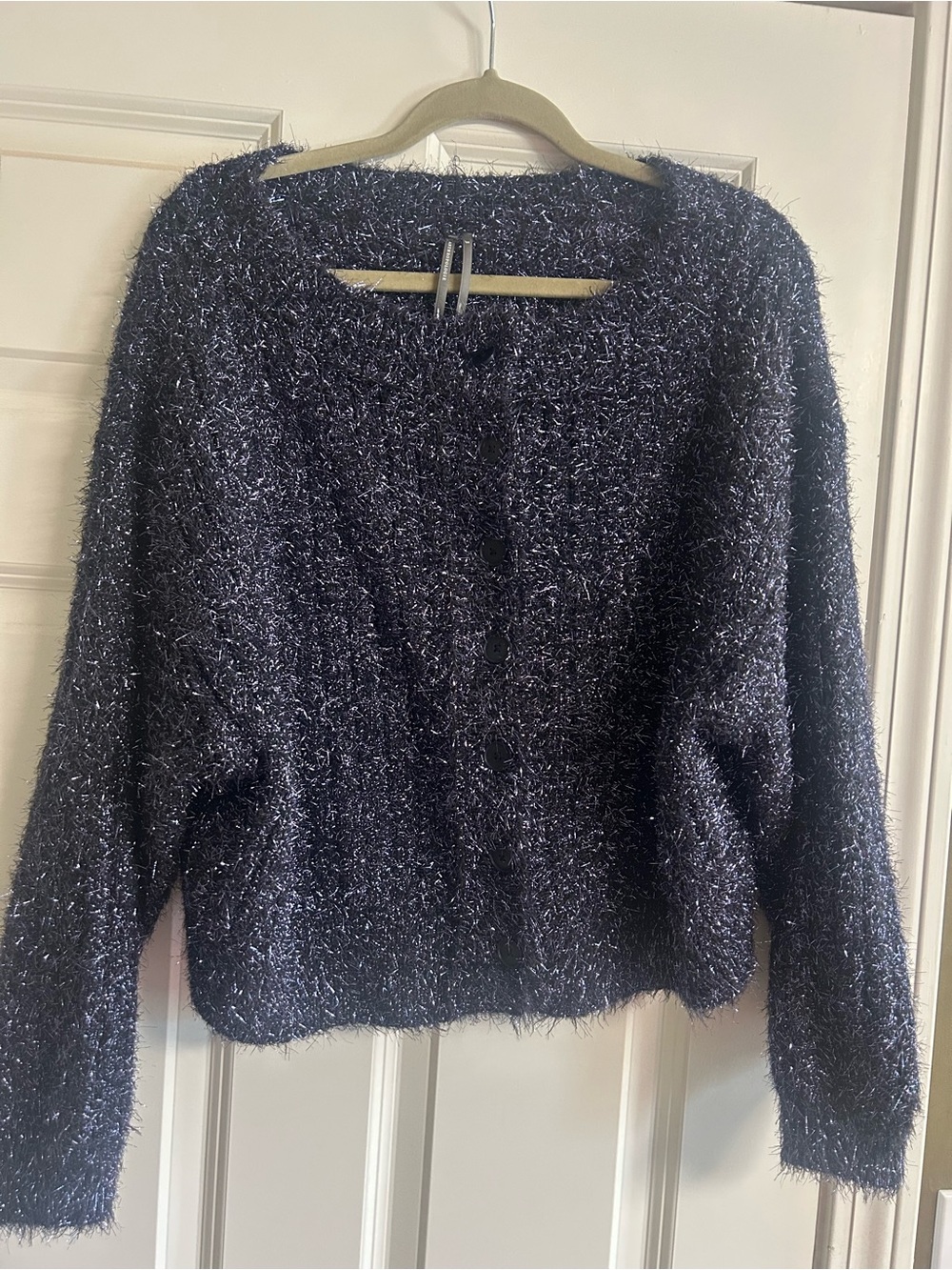Anthropologie Shimmery Black Fuzzy Button Cardigan